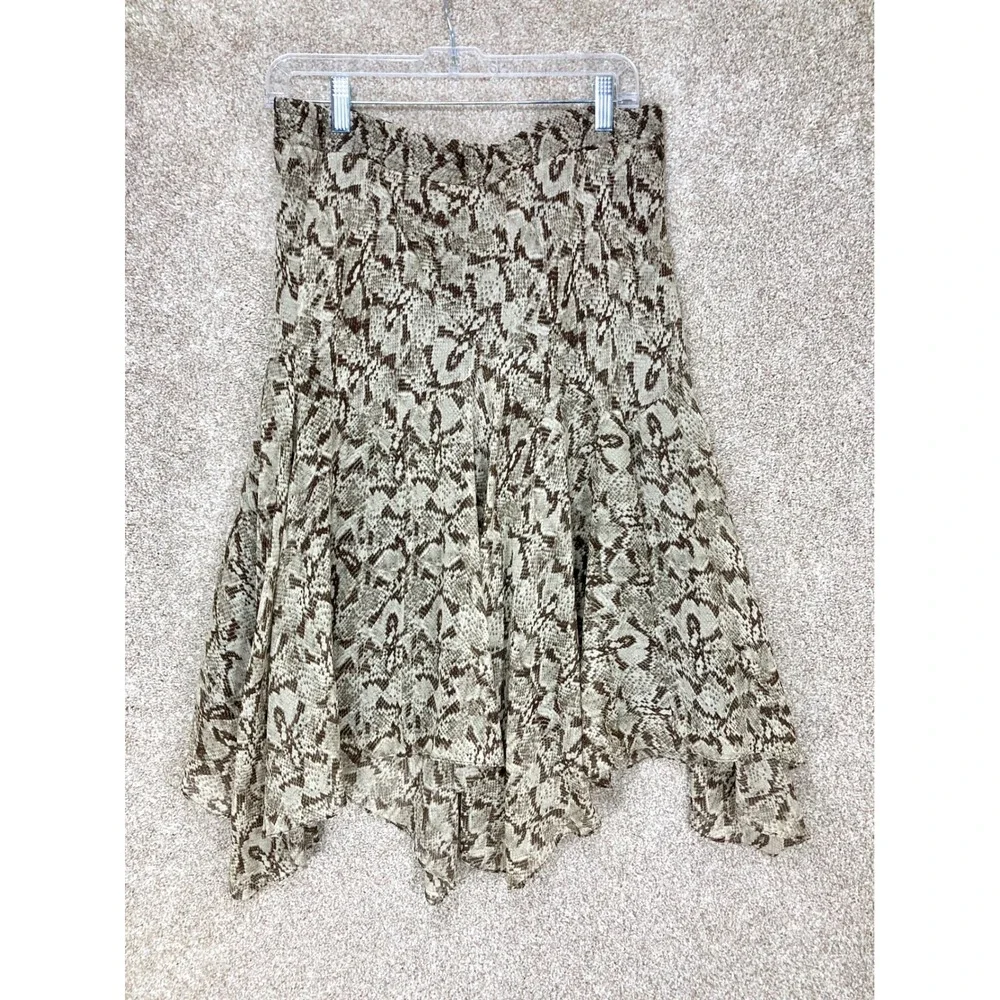Michael Kors Silk Snakeskin Asymmetrical Hem Skirt Women L Brown Boho Flowy Chic